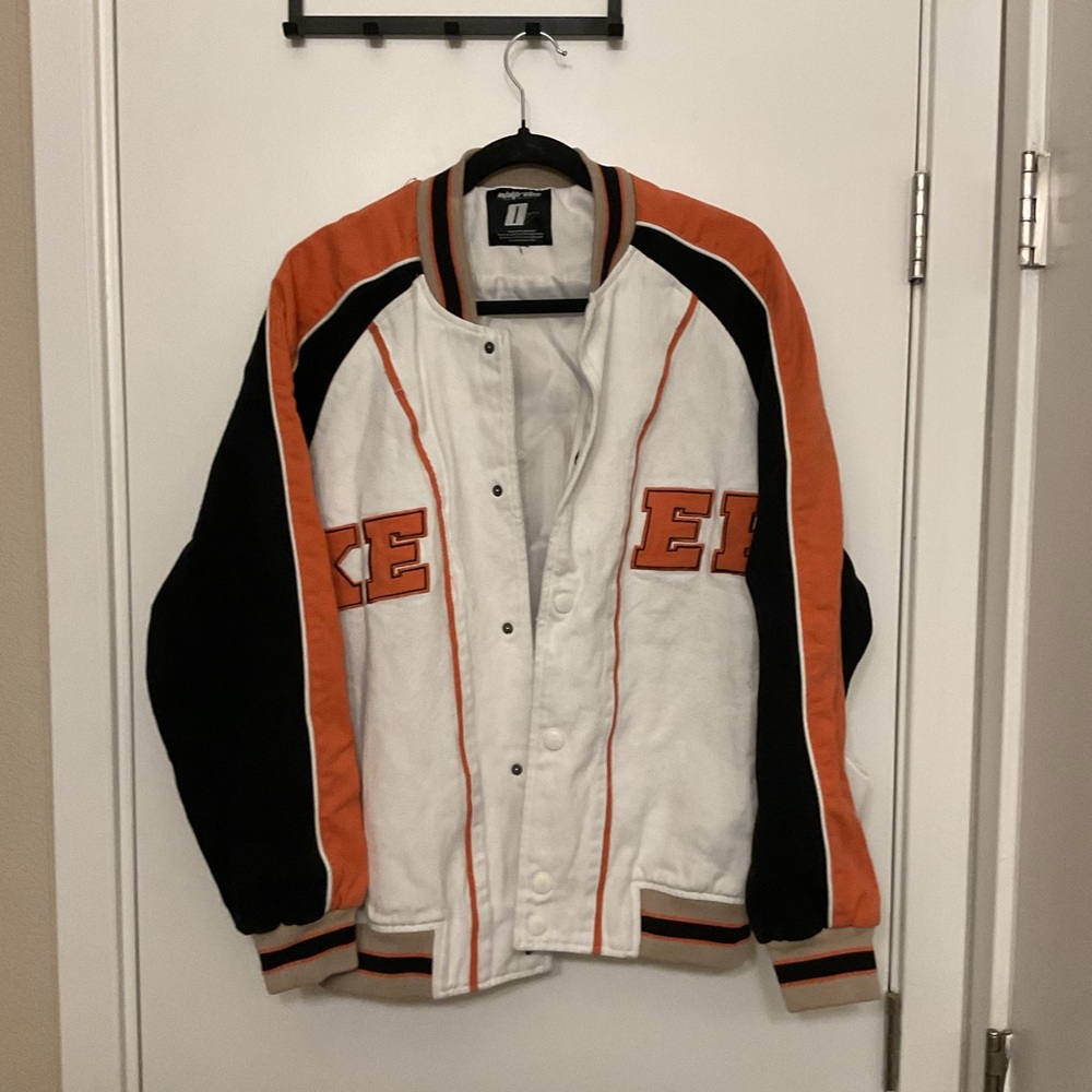 Men's White and Orange Varsity Jacket